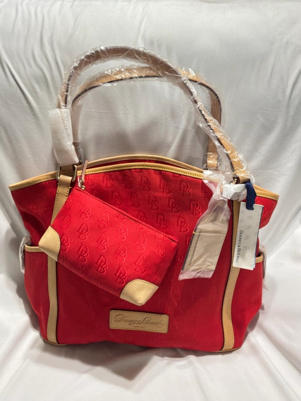 NWT Dooney & Bourke Red Canvas Tote with Tan Trim and Cosmetic Pouch